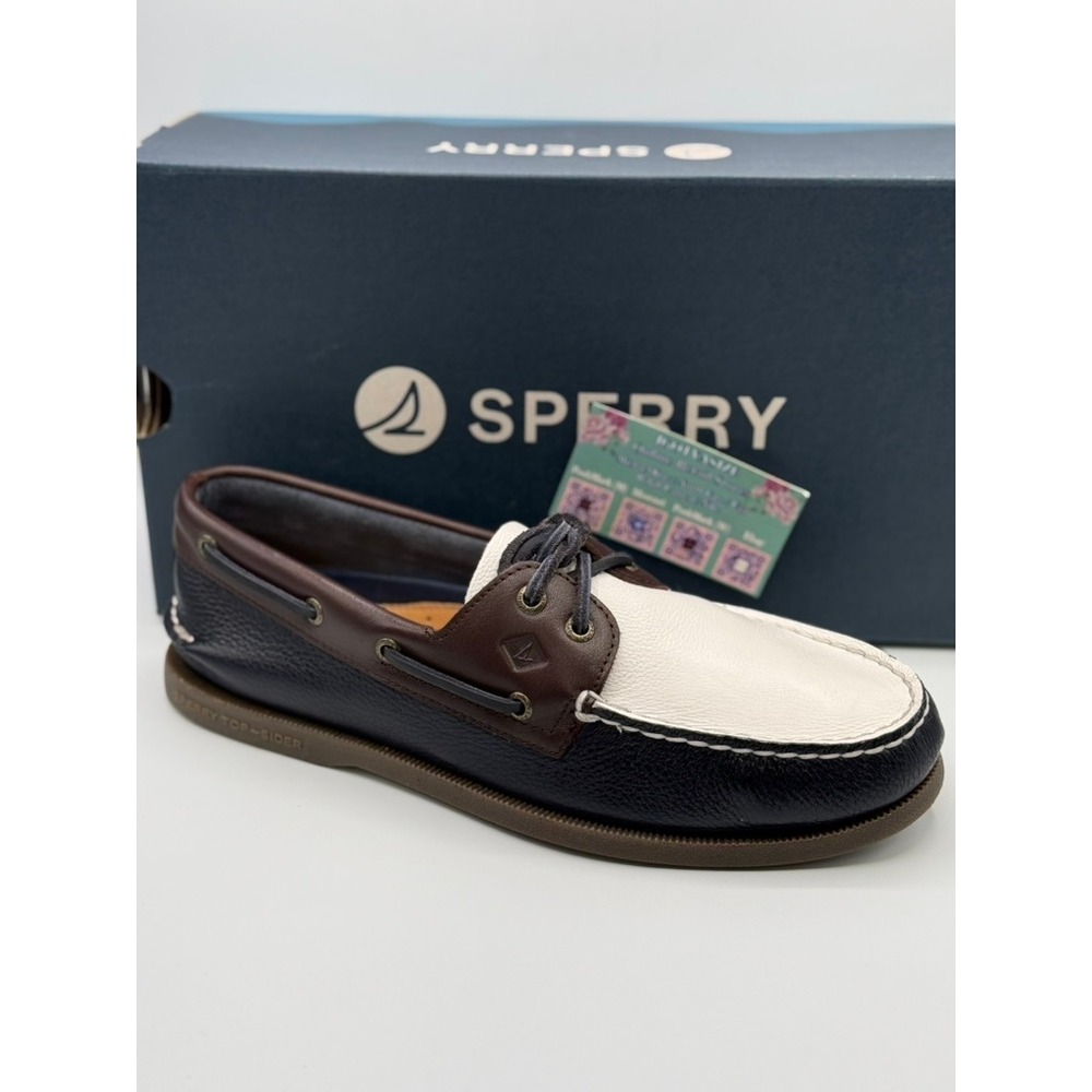 Sperry Top-Sider AO 2-Eye Boat Shoes Navy White Brown Leather NWT Sz 10‎